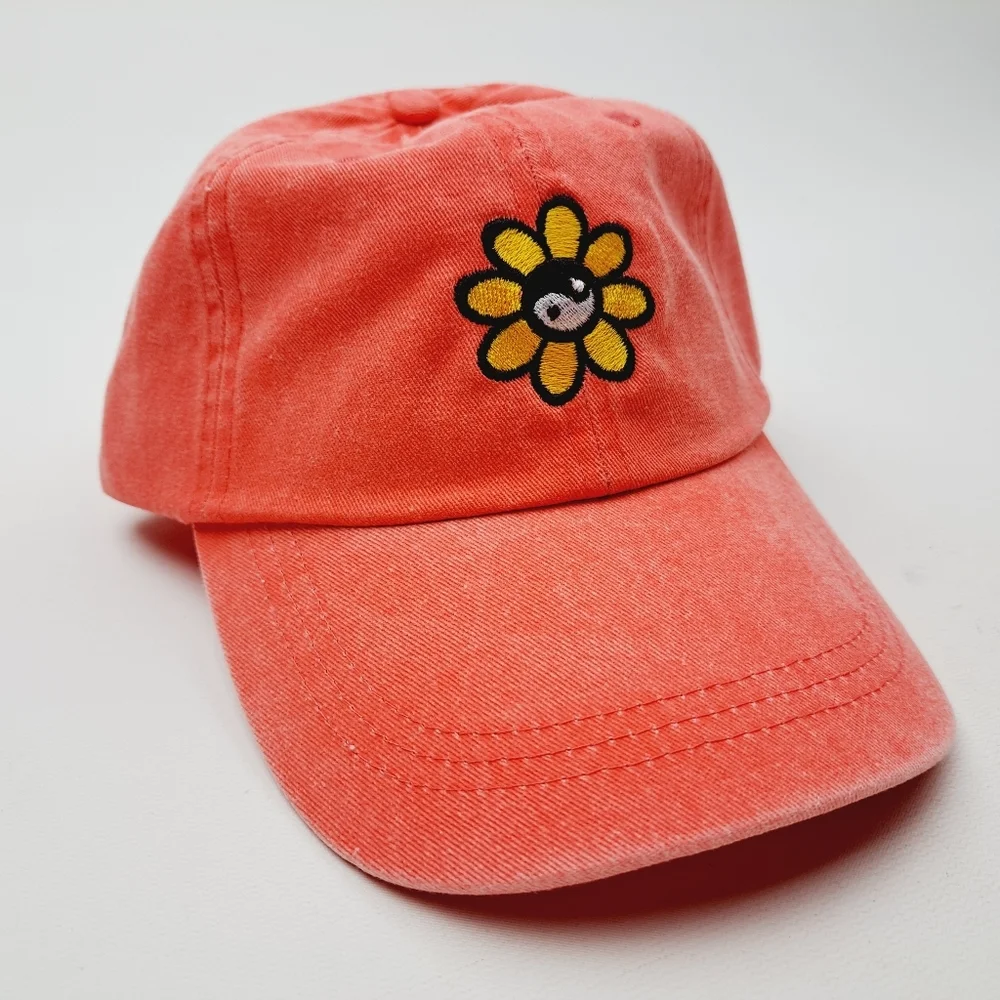 Yin Yang Flower Embroidered Relaxed Cotton Hat Cap Orange Washed Adjustabl…